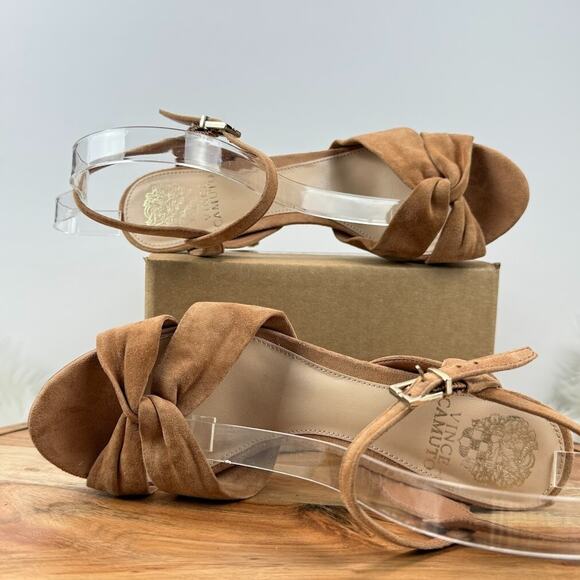 Vince Camuto Tan Suede Platform 8.5M Stiletto Heels Knotted Ankle Strap Sandals - Picture 2 of 16